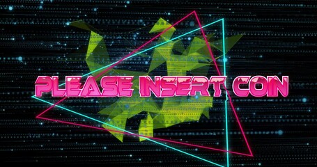 Poster - Animation of please insert coin text over neon pattern background