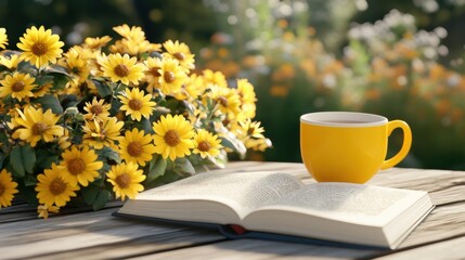 Poster - A cup of coffee and a book on the table next to flowers, AI