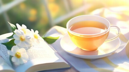 Poster - A cup of tea on a table next to an open book, AI