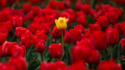 Wall Mural - A single yellow tulip blooms in a field of red tulips.