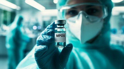 Poster - Scientist holding a vial labeled 'MPOX' in a sterile lab setting. Emphasizes the role of medical research in viral outbreaks like monkeypox