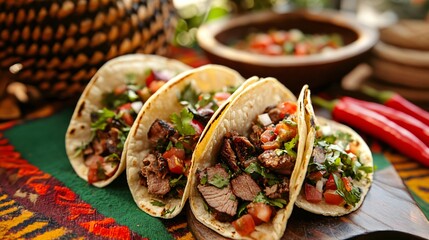 A dramatic presentation of tacos filled with grilled meats and vegetables, placed on a colorful tablecloth with woven baskets and chili peppers in the background