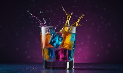 colorful splashing drink with ice cube at bright vivid multicolored background, in style of dark purple, blue and pink