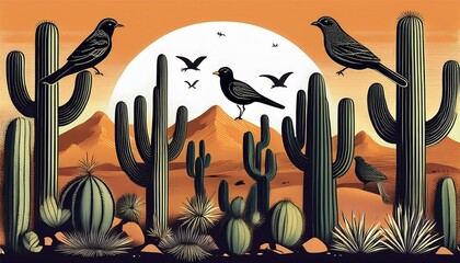 Desert Companions conceptual illustration with different types of cacti alongside desert birds and other animals 