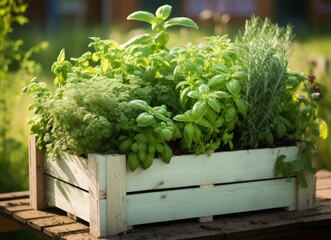 Herbs in wooden crate in the garden