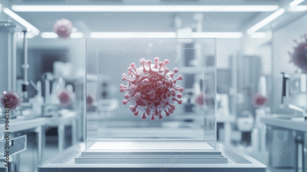 Monkeypox virus displayed in a transparent cube in a futuristic lab. A ...