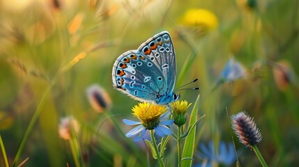 Wall Mural - A blue butterfly perched on a yellow flower in a field.