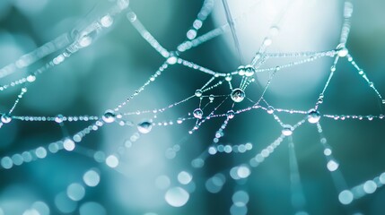 Poster - Delicate spiderweb sparkles with morning dew, reflecting green, blue, and turquoise hues. Capturing nature's fragility and beauty, it evokes peace and tranquility