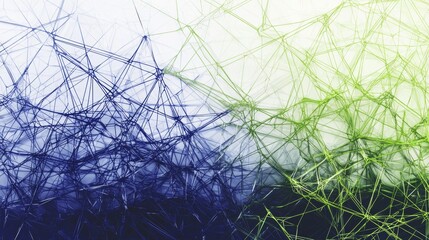 Poster - Complex network mesh is forming an abstract geometric pattern, with a blue side and a green side, creating a technological or scientific background