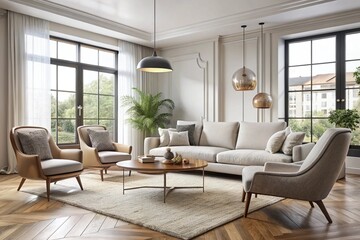 Wall Mural - Boucle lounge chairs and sofa in classic room. Minimalist interior design of modern living room