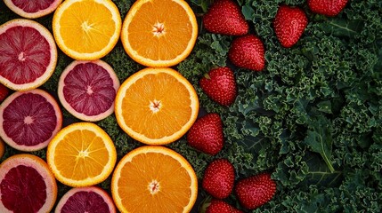 Wall Mural - Colorful arrangement of sliced oranges and grapefruits lying on a bed of kale with fresh strawberries, creating a vibrant and healthy flat lay