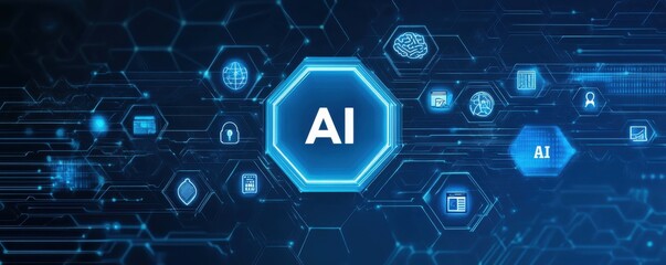 Poster - Futuristic blue hexagon with AI letters surrounded by technology icons representing artificial intelligence and digital innovation