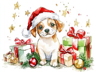 Cute puppy wearing Santa hat with Christmas presents