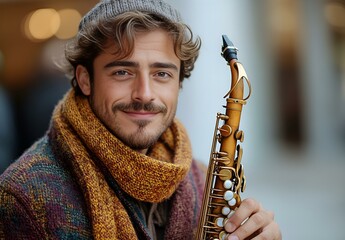 a man holding a saxophone. 