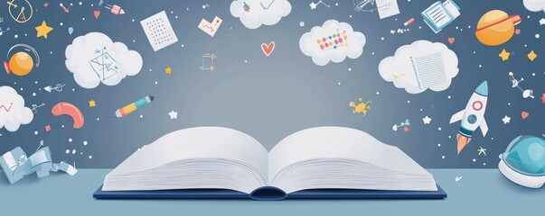 Poster - open book with illustrated icons of science, math, and technology floating in the air against a blue