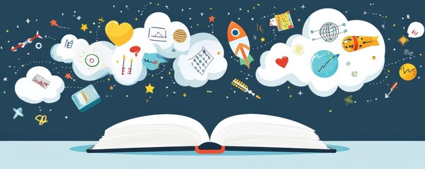 Poster - open book with colorful icons of science, math, and technology floating in clouds, symbolizing creat