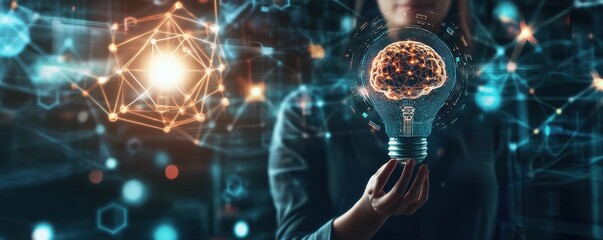 Poster - business professional holding a glowing light bulb with digital brain network imagery, symbolizing i