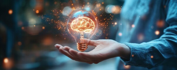 Poster - business professional holding a glowing light bulb with brain imagery, symbolizing innovation and cr