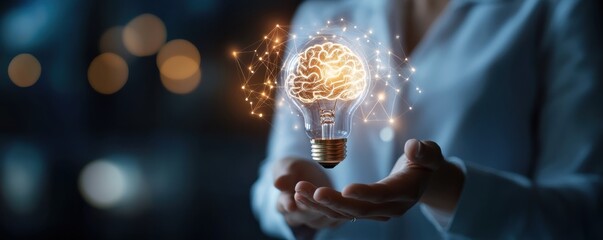 Poster - Business professional holding a glowing lightbulb with brain, symbolizing innovation and creativity in a conceptual setting