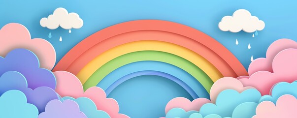 Wall Mural - Sky with rainbow, colorful arc after rain, flat design illustration