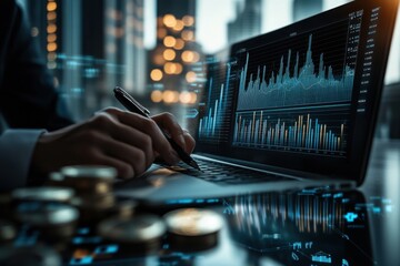Poster - Business professional analyzing digital financial data on a laptop in a modern office environment with currency coins in the foreground