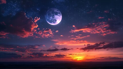 Poster - Night Sky With Full Moon and Sunset Clouds