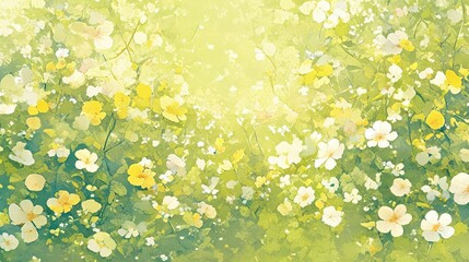 A fresh, elegant, and vibrant design featuring delicate white flowers, leaves, and vines painted in watercolor on a green background, with intricate pink and yellow floral details