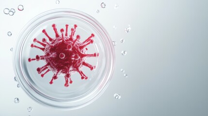 Aufkleber - Close-up of a single red monkeypox virus in a petri dish surrounded by floating particles. Virus mutation and health emergency concept.