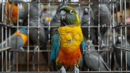 A colorful parrot in a cage.