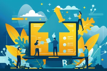 Wall Mural - Colorful digital workspace illustrating teamwork in data uploading and collaboration.