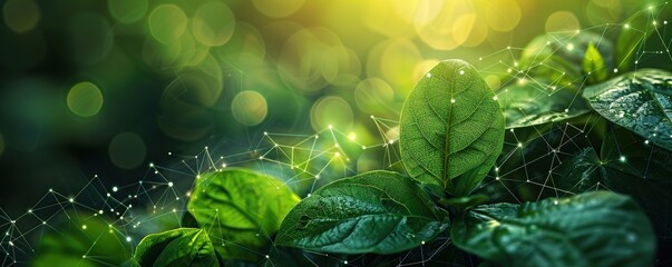 Poster - Green Leaves with Glowing Network Connections