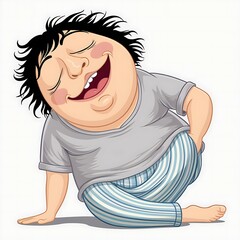 Wall Mural - Sleepy cartoon character with large head, half-closed eyes, yawning mouth, droopy posture, wearing a gray shirt, striped pajama pants, looking tired.