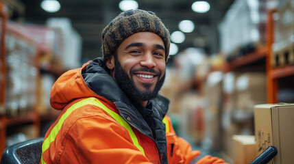 A portrait of a smiling Hispanic worker in an orange safety jacket and helmet, sitting on a forklift at the warehouse with boxes. In the background are shelves filled with various goods, cr