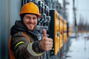 A happy electrician standing in front of an electrical substation, giving a thumbs up. Professional photography, high quality.