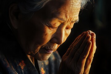 Elderly woman praying with hands folded, expressing deep emotion and spirituality. 