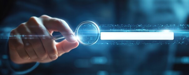 Poster - Businessman's finger touching a futuristic search bar on a digital interface representing technology communication and innovation