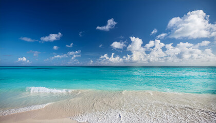 Wall Mural - Caribbean beach landscape with white sand and turquoise sea. Blue sky with white clouds. Vacation, sea, nature, freedom, relax, life, dream. Banner header image