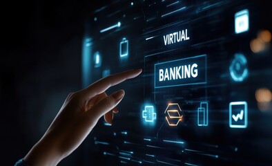 Businesswoman interacting with virtual screen showcasing digital banking technology and futuristic interface