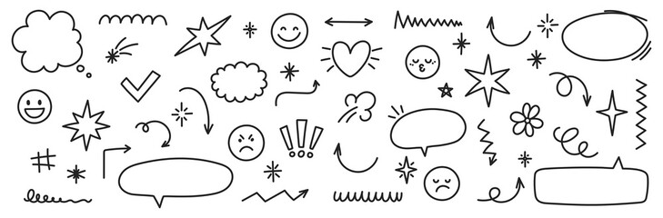 Aufkleber - Hand drawn comic speech bubble, highlights, heart, exclamation, arrows, stars and emoji. Sketch vector illustration. Editable stroke.