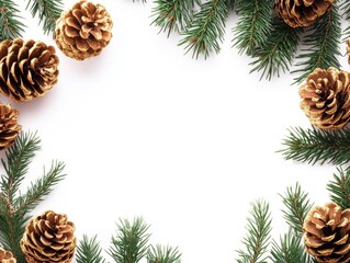 frame of spruce, pine branches with cones, on transparent background, photo