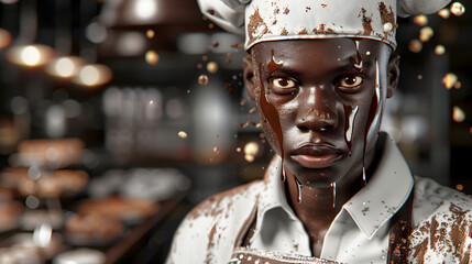 Wall Mural - Chocolatier's face dripping with molten chocolate and confectionery workshop 