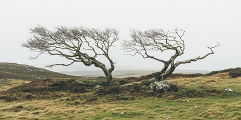 Two windswept trees stand resiliently on a foggy landscape, showcasing nature's beauty and perseverance in challenging conditions.