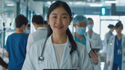 Wall Mural - Portrait of a cheerful female doctor holding a tablet in a healthcare setting, focused on telehealth and medical research, wearing glasses and representing a dedicated medical professional