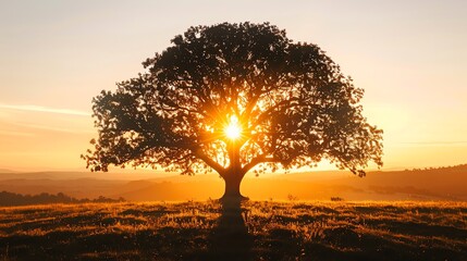 Wall Mural - A large tree silhouetted against a sunset.