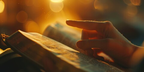 Individual engaging with a religious text in a close-up view, focused on worship and personal faith. A source of knowledge and guidance for a spiritual connection