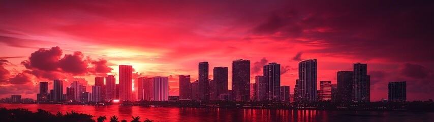 Twilight Splendor: Hyper-Realistic Ruby-Toned Miami Skyline at Sunset