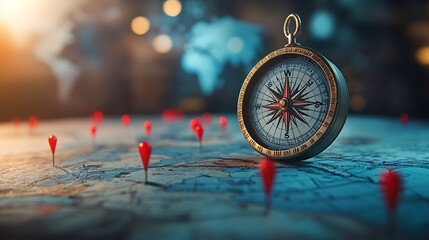 Wall Mural - a close-up of a compass with red pins marking various points on an abstract map, set against a backd