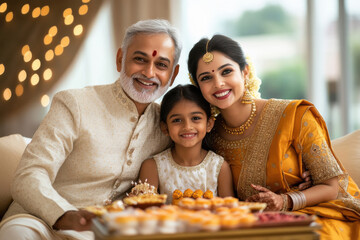 Wall Mural - happy indian family celebrating diwali festival at home