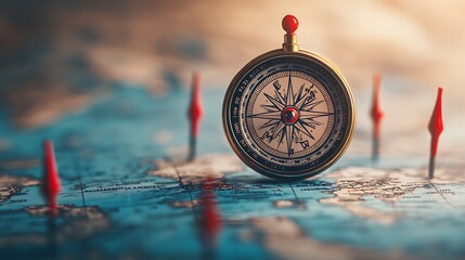 Wall Mural - a close-up of a compass with red pins marking various points on an abstract map