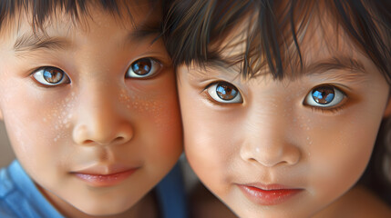 Wall Mural - Close-up portrait of two young Asian children 